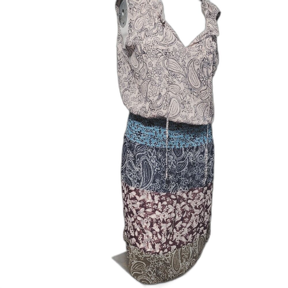 Cabi Small dress sheath v-neck tie collar flower paisley stretch elastic waist